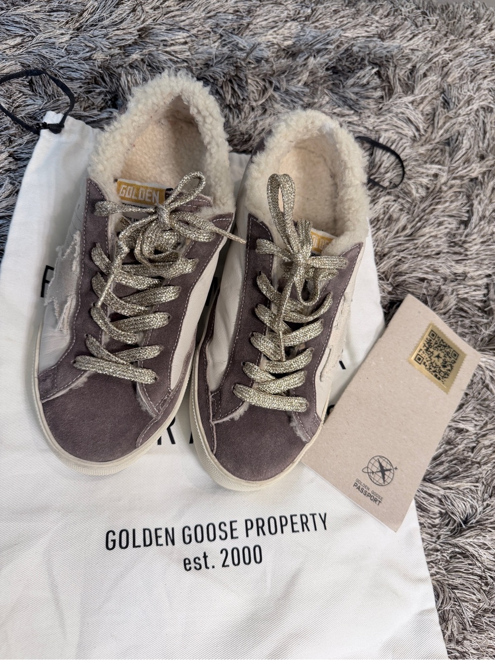 Golden Goose Women’s Gray Suede Sneakers with Shearling Collar